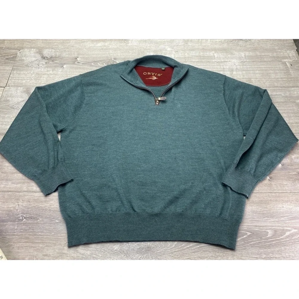 Orvis Sweater Mens 2XL Green Wool Quarter Zip‎ Mock Neck Pullover Knit Casual